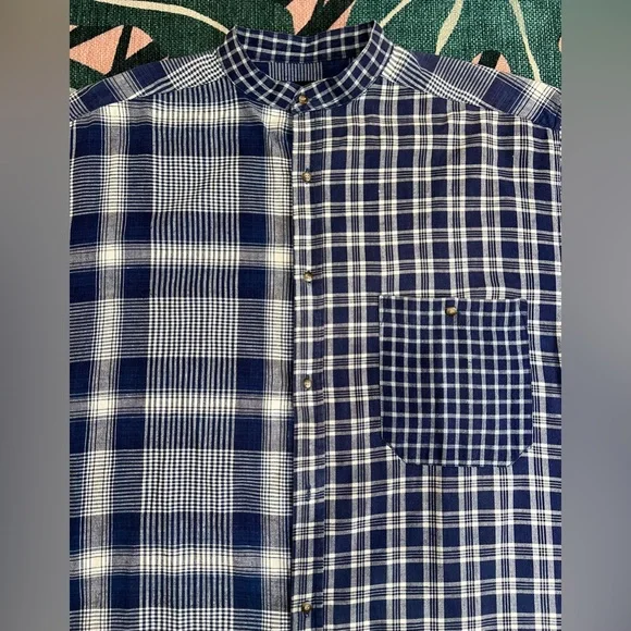 Vintage Santana Collarless Plaid Denim Button Up Shirt - Picture 2 of 11